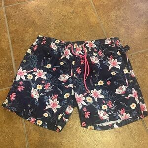 Navy Floral Swim Trunks with Pink Accents - Vacay swimwear